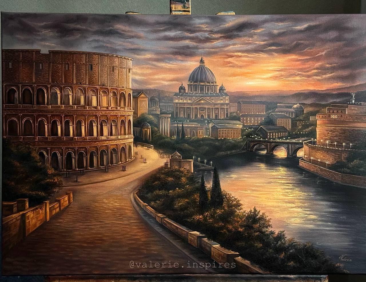 Oil painting of Rome at sunset, with the Colosseum, a domed basilica and golden reflections on the river.
