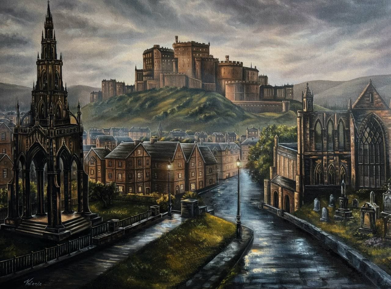 Oil painting of Edinburgh with a hilltop castle, Gothic spires and rain-slick streets.