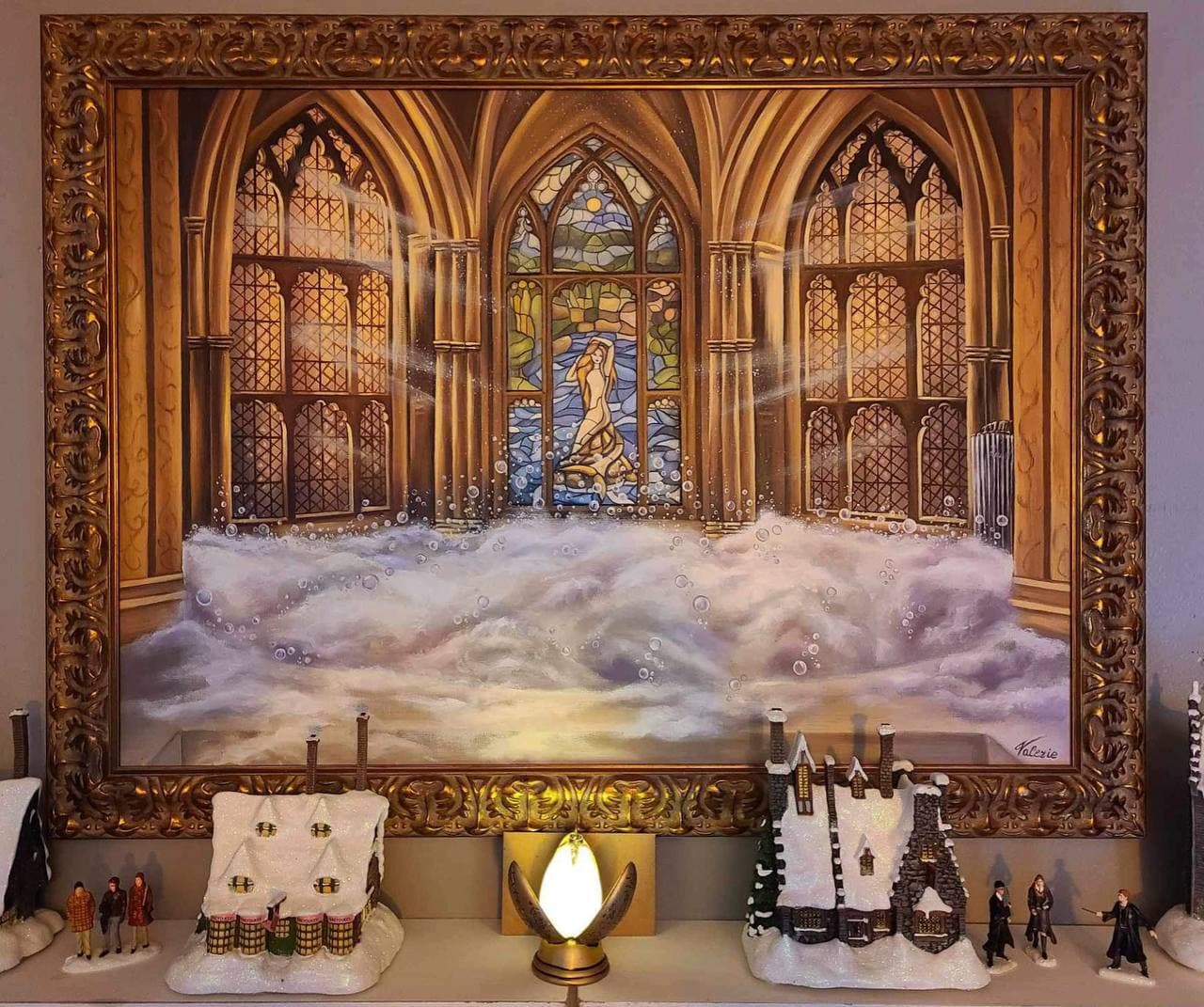 A framed oil painting of an ornate bathing hall with arched windows, a mermaid stained-glass panel and clouds of foam.