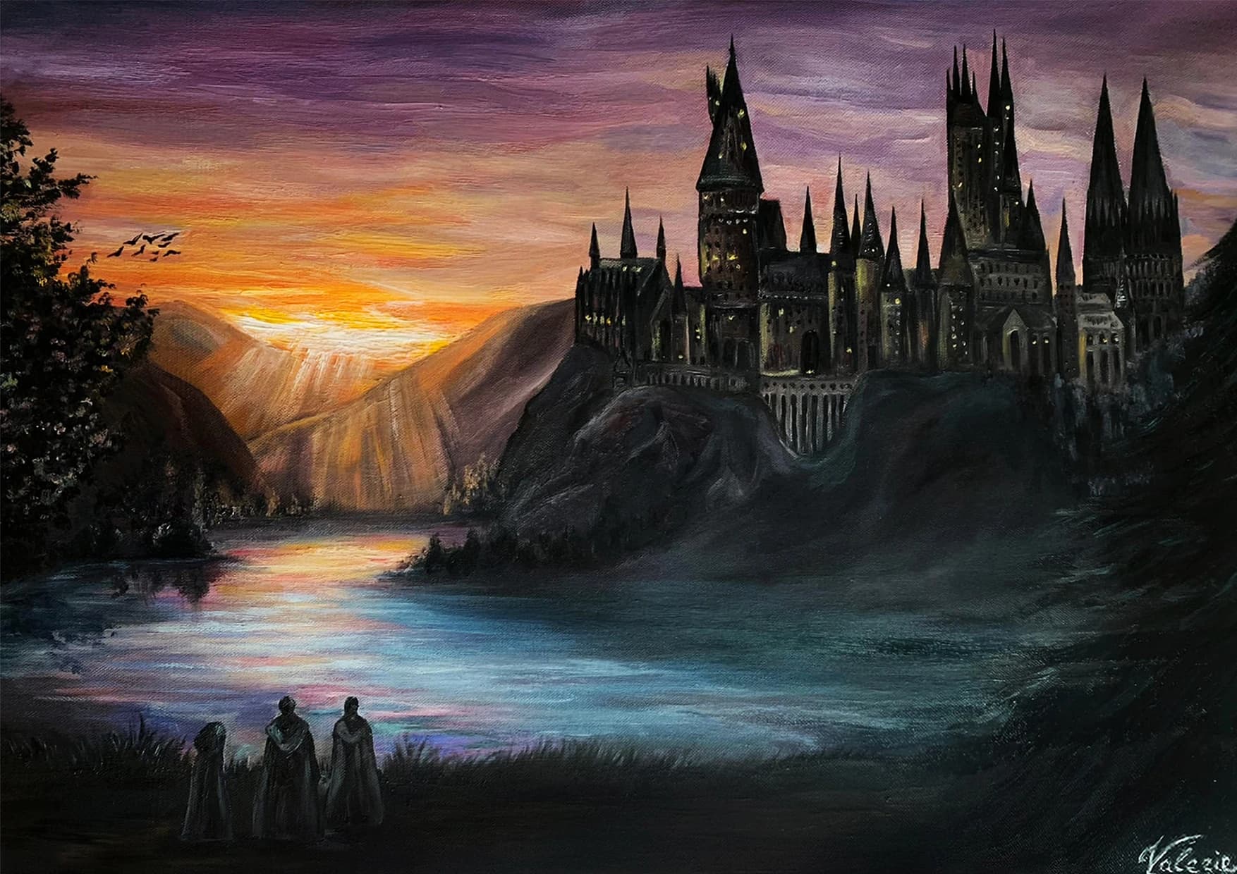 Hogwarts castle overlooking a lake beneath a warm sunset.