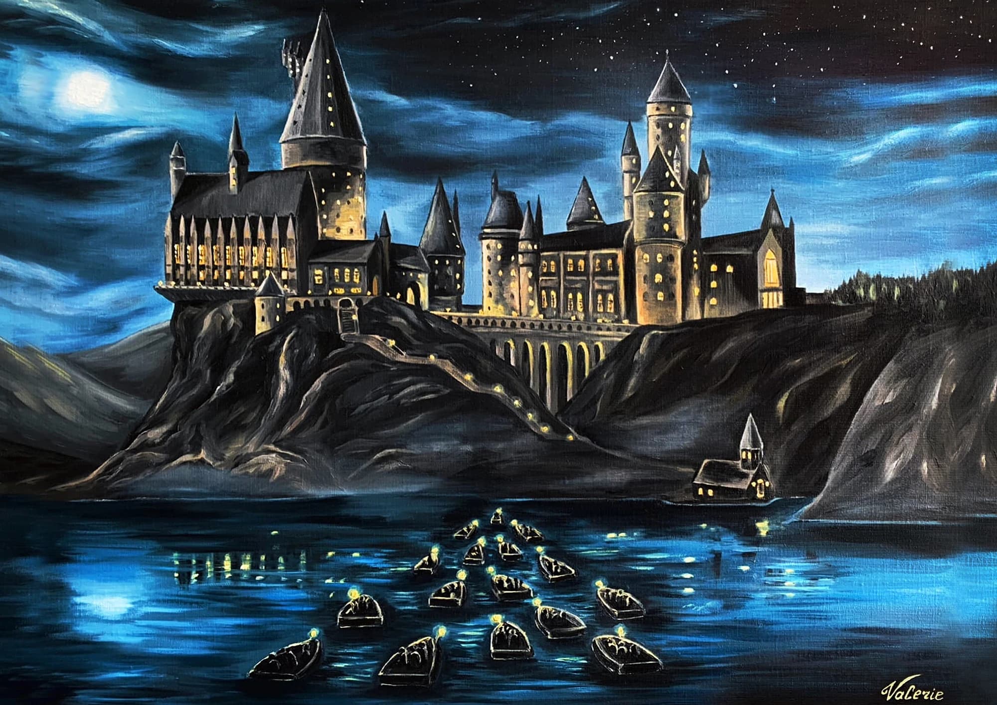 Hogwarts castle and its reflection in a blue evening landscape.