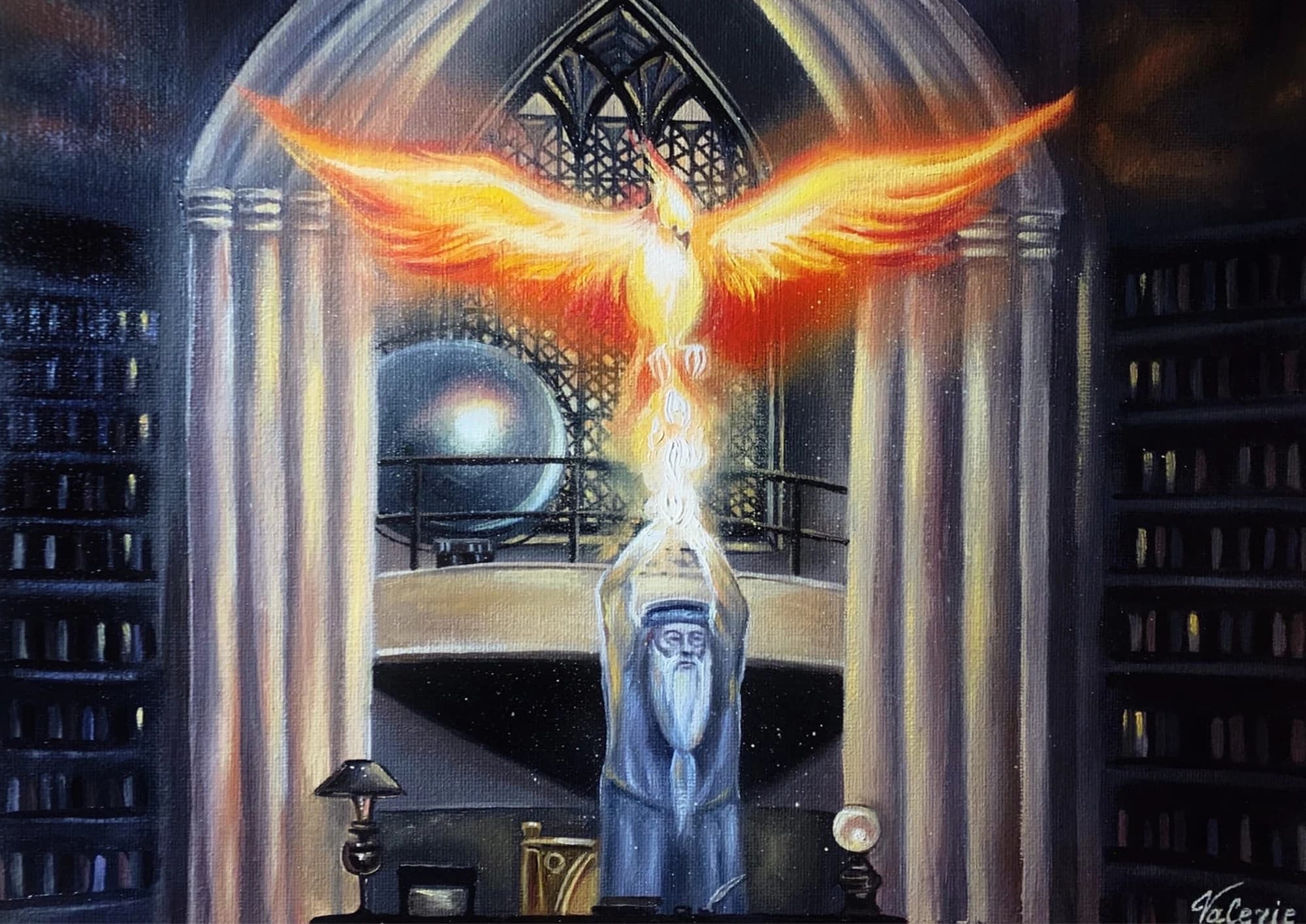 Dumbledore with a phoenix in a magical scene.