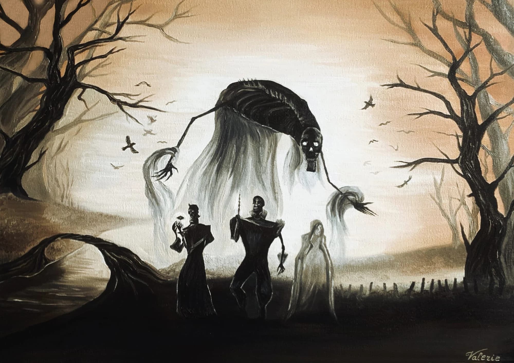 Three brothers meeting Death, inspired by the Tale of the Three Brothers.