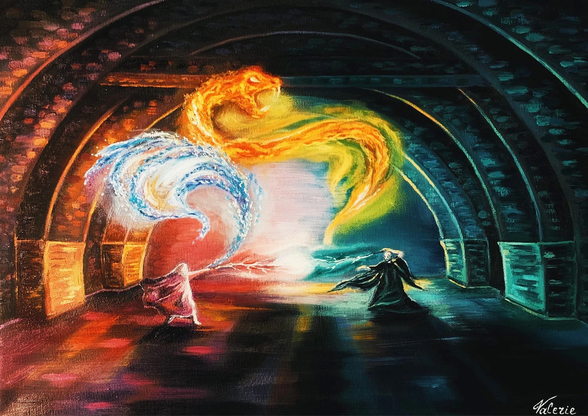 Dumbledore and Voldemort duelling with fire and water in a vaulted hall.
