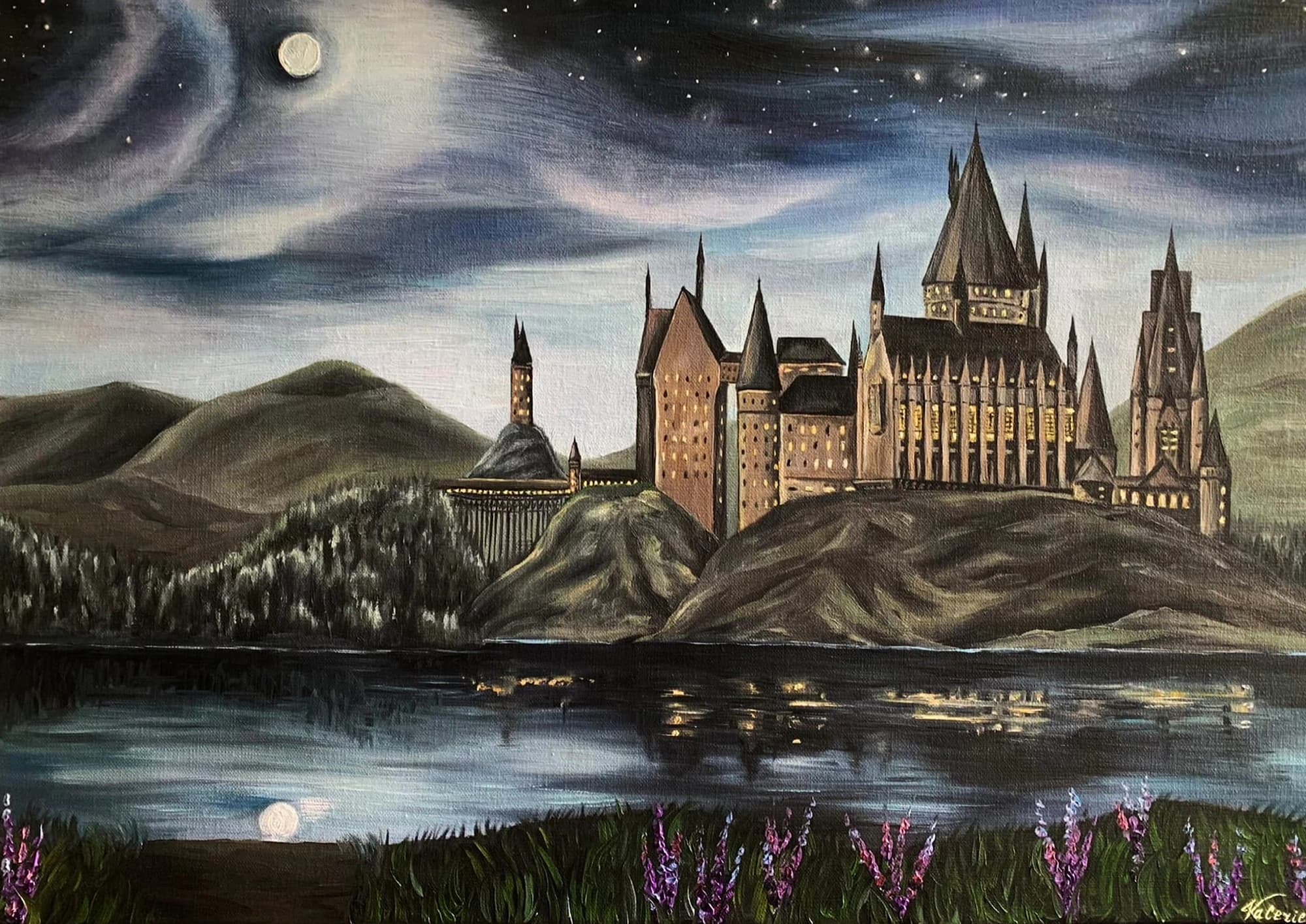 Hogwarts with glowing windows beside a moonlit lake and flowering heather.