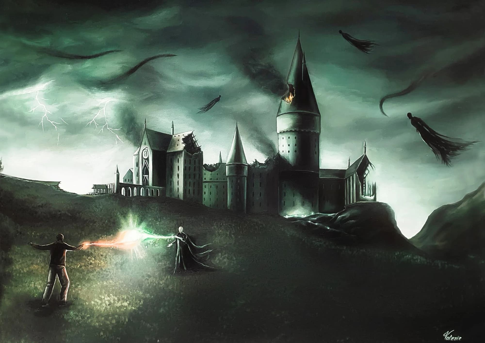 Two wizards duelling in front of a damaged Hogwarts castle under a green stormy sky.