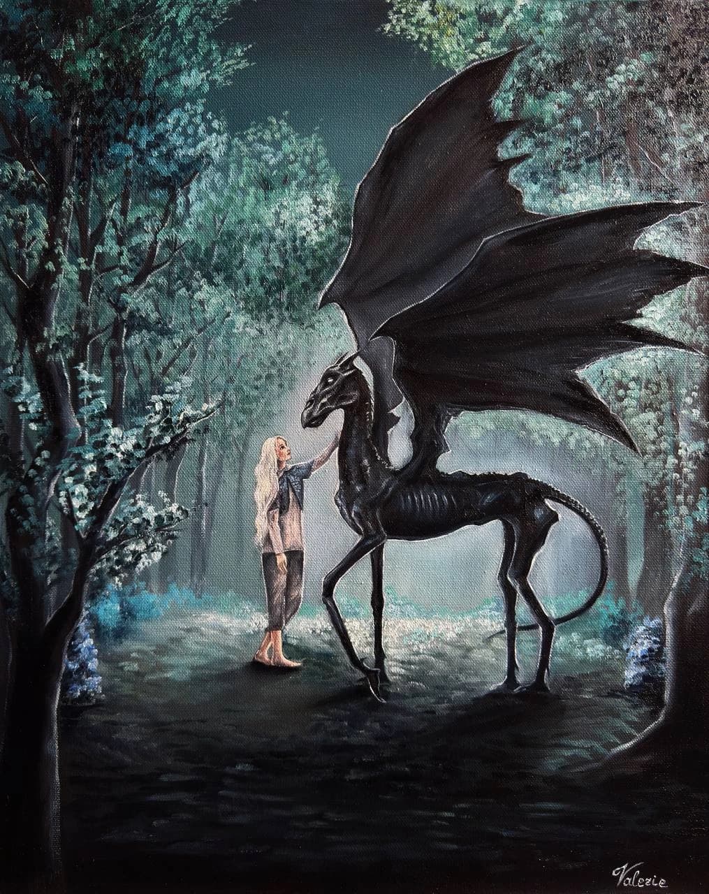 Luna reaching towards a winged thestral in a moonlit forest.