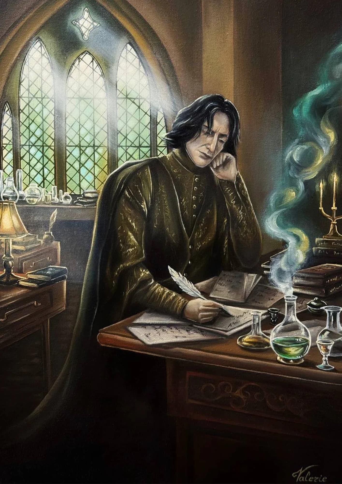 Snape writing with a quill at a desk surrounded by potion bottles and books.