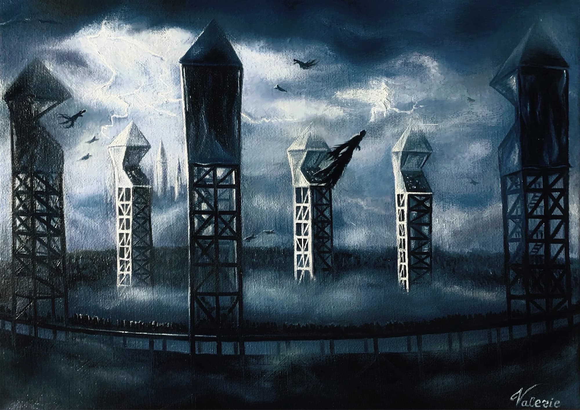 Quidditch towers and flying figures beneath a stormy blue sky.