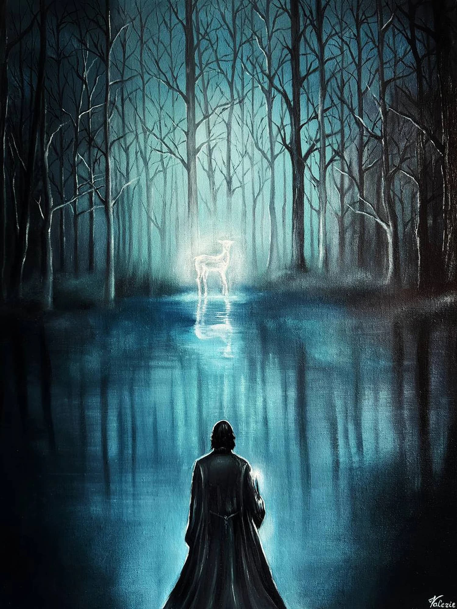 Snape facing a glowing doe Patronus across a still pool in a dark forest.