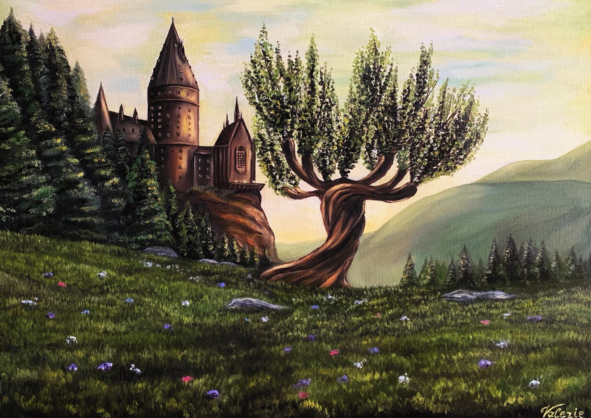A leafy Whomping Willow beside Hogwarts in a green meadow with summer flowers.