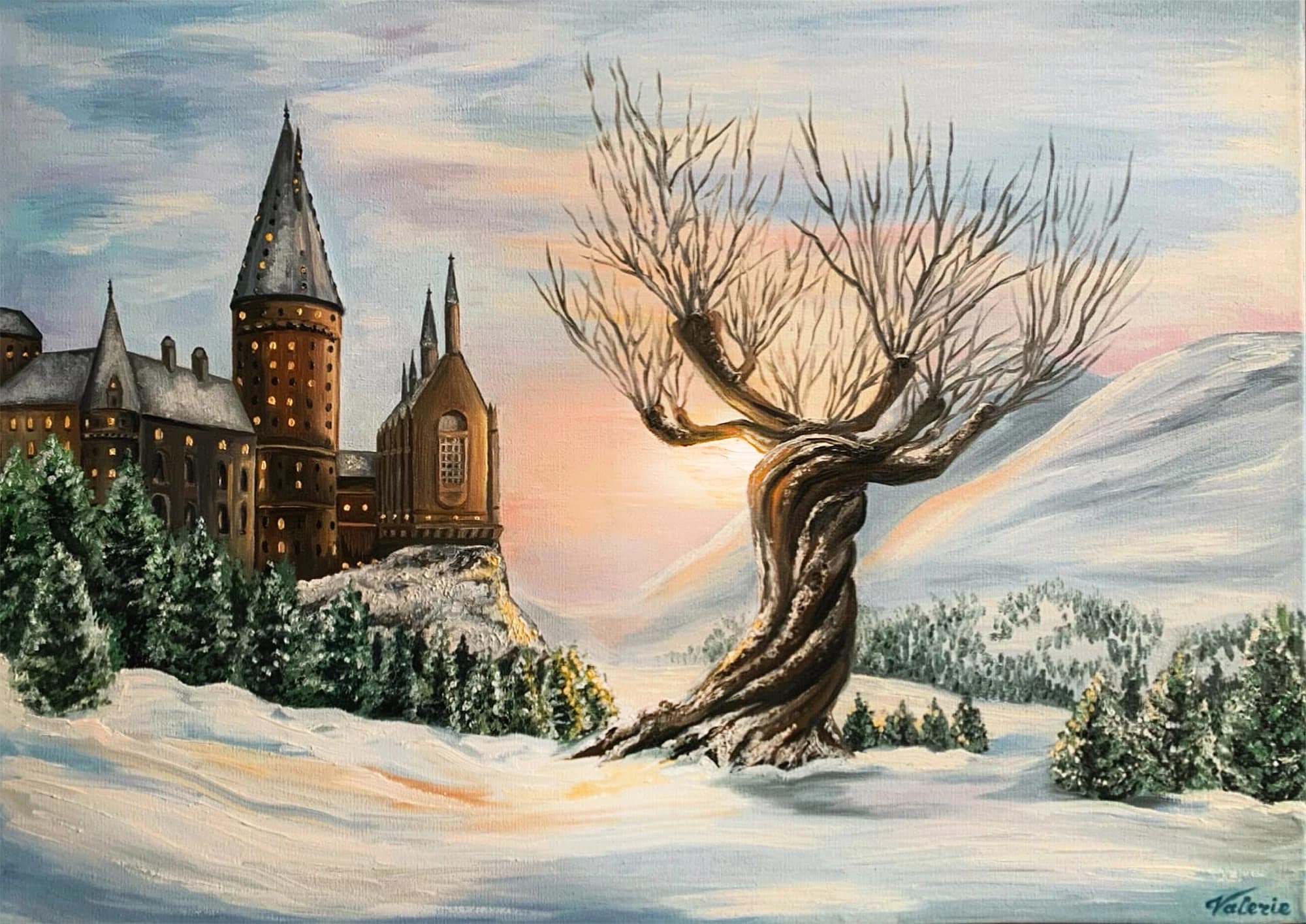 A bare Whomping Willow beside Hogwarts surrounded by snow at sunset.