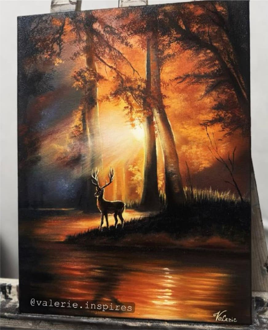 Oil painting of a stag beside a forest river, illuminated by golden sunlight.