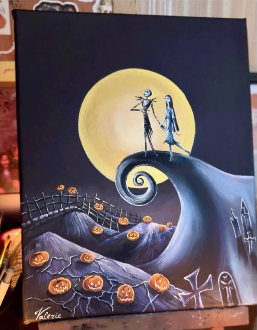 Oil painting of Jack and Sally on a curling hill beneath a full yellow moon.