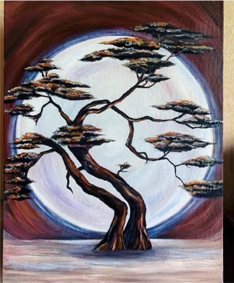 Oil painting of a sculptural tree silhouetted against a luminous circular background.